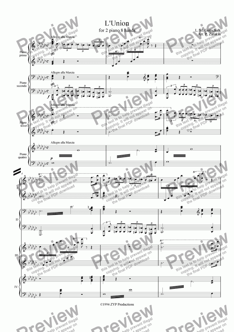 page one of "L'Union" (The Union) for 2 piano 8 hands