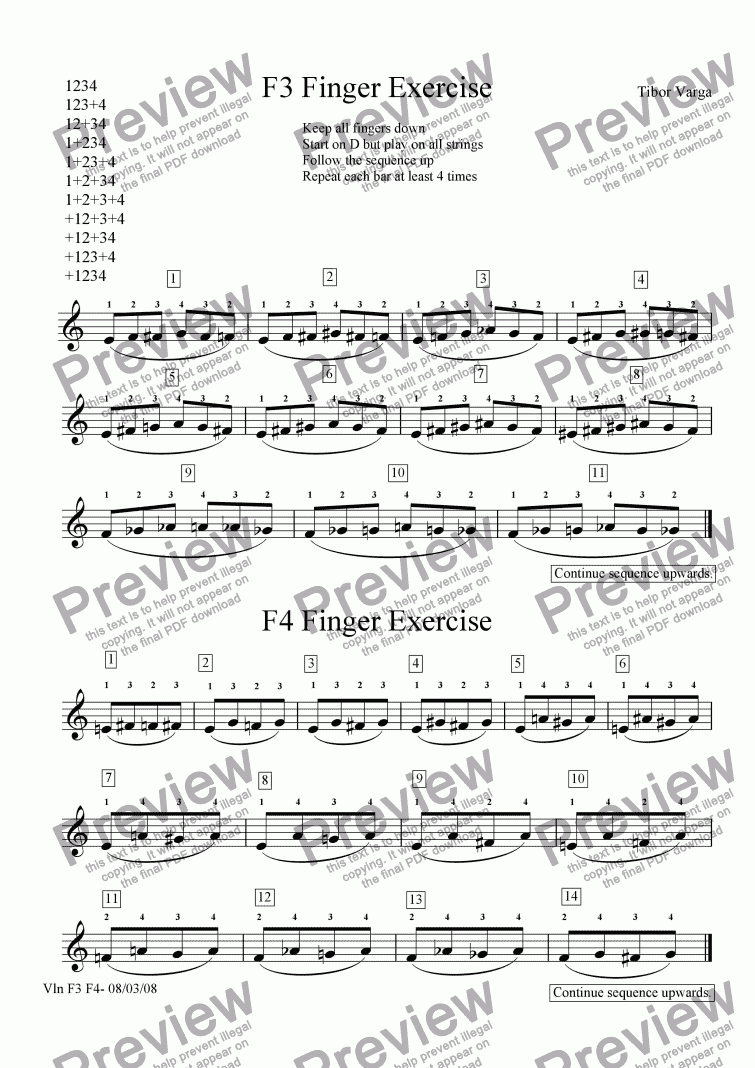 page one of F3 and F4 Finger Exercises for violin