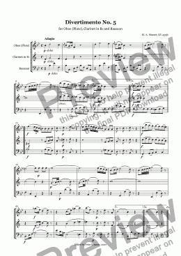 page one of W. A. Mozart - Divertimento No5 KV 439b for Oboe (Flute), Clarinet and Bassoon