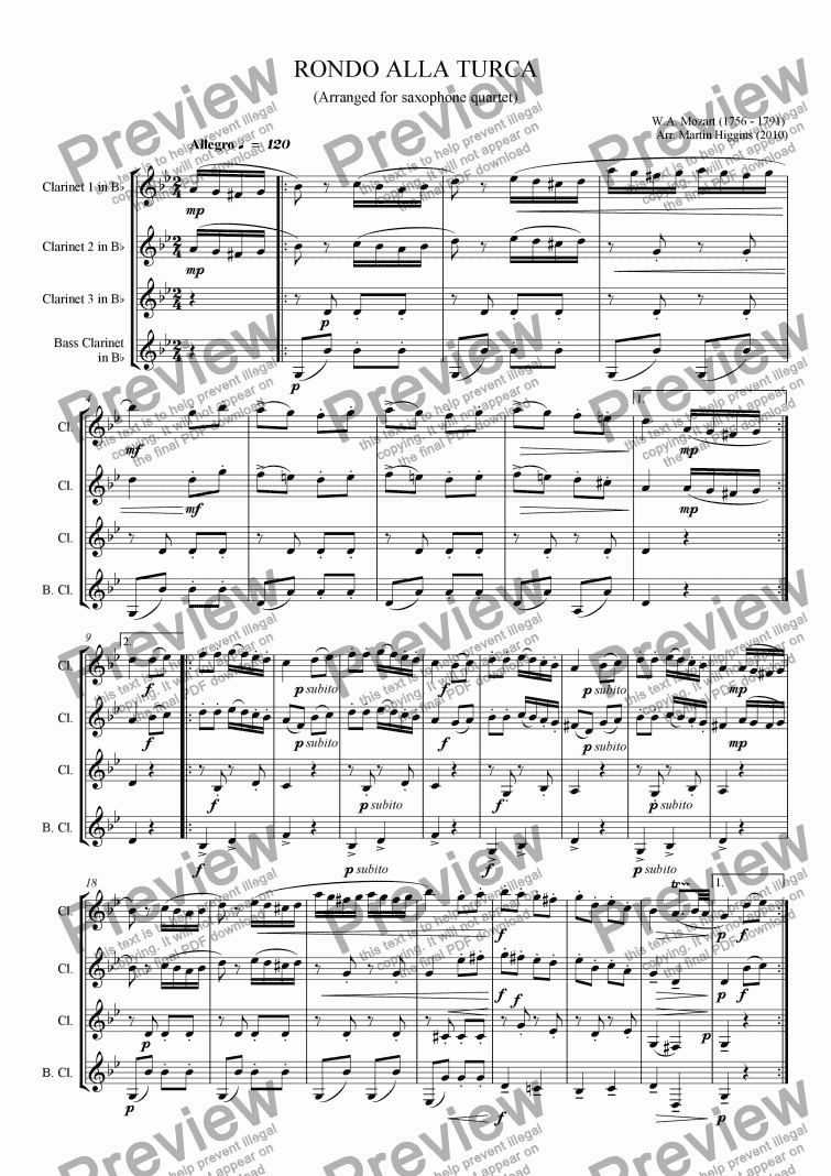 page one of Mozart: Rondo Alla Turca (Clarinet Quartet) (2010)