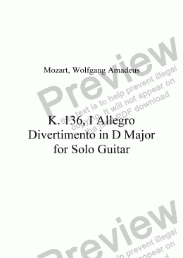page one of K.136, I Allegro Divertimento in D Major for Solo Guitar