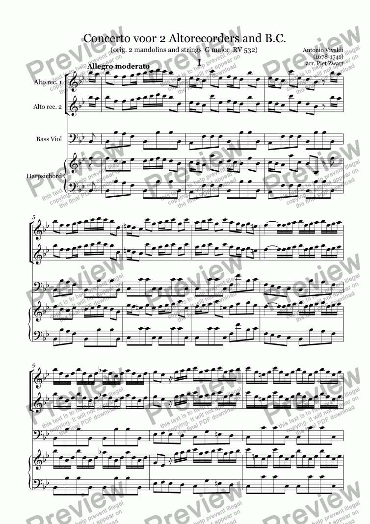 page one of Concerto for 2 Altorec. and B.C. RV 532 (Vivaldi)