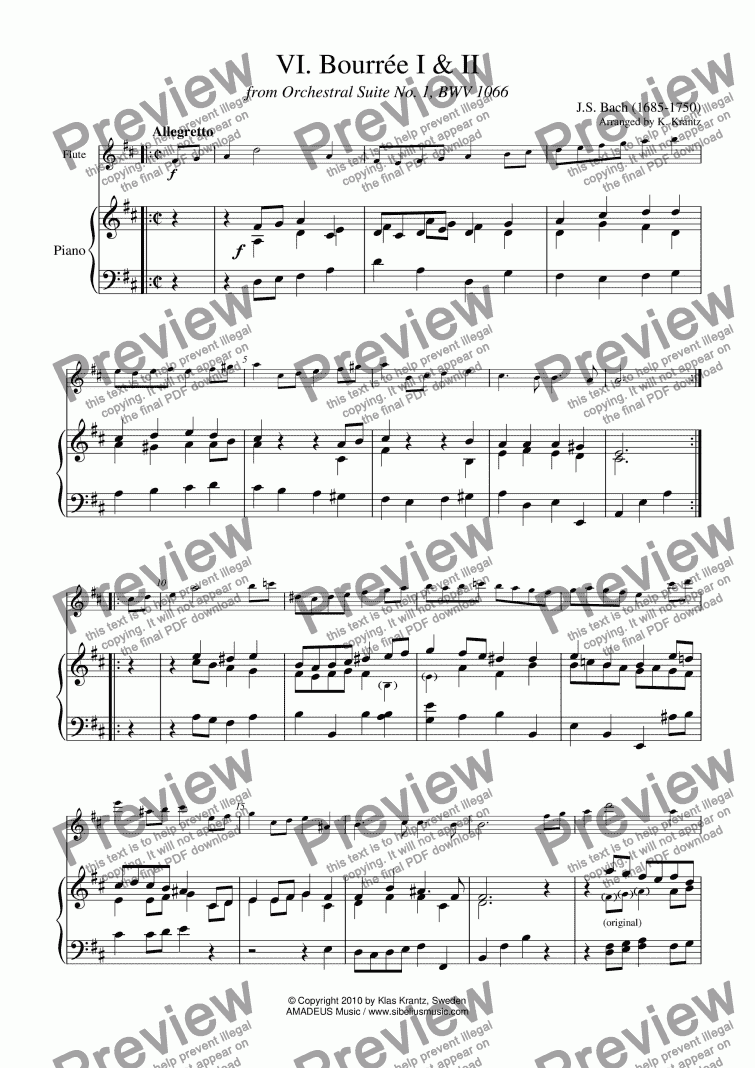 page one of Bourrée from Suite No. 1, BWV 1066 for flute and piano