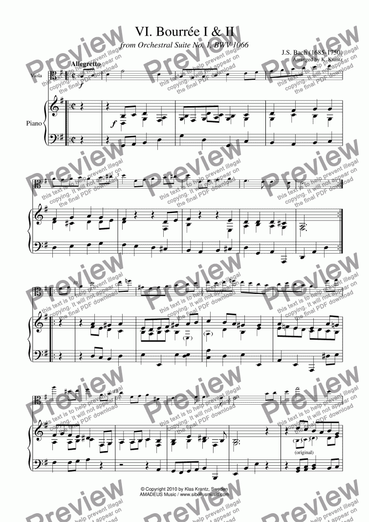 page one of Bourrée from Suite No. 1, BWV 1066 for viola and piano