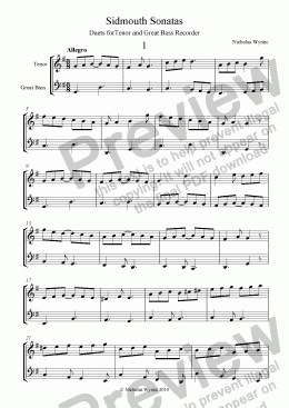 page one of Sidmouth Sonatas. Duets for Tenor and Great Bass Recorder