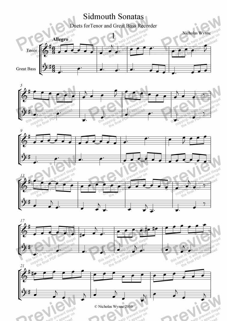 page one of Sidmouth Sonatas. Duets for Tenor and Great Bass Recorder