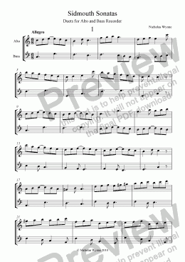 page one of Sidmouth Sonatas. Duets for Alto and Bass Recorder