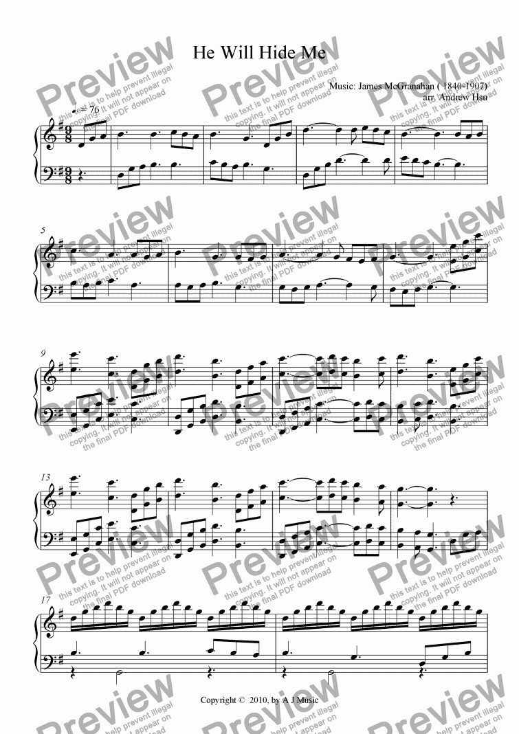 page one of He Will Hide Me - Solo Piano