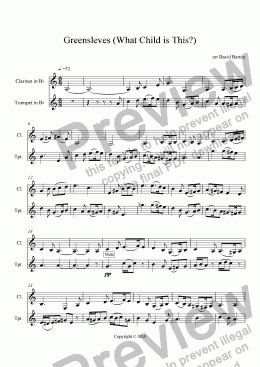 page one of Greensleeves (What Child is This?) for Clarinet & Trumpet