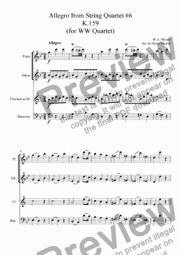 page one of Allegro from Mozart String Quartet K.159 (for W.W. Quartet)