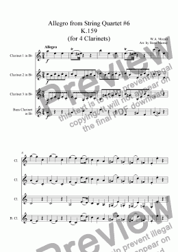 page one of Allegro from Mozart String Quartet K.159 (for 4 Clarinets)