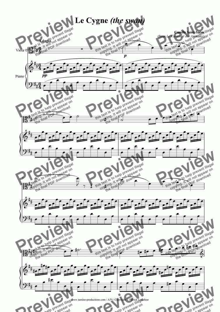 page one of Le Cygne (The swan) - Carnaval des Animaux (viola and piano)