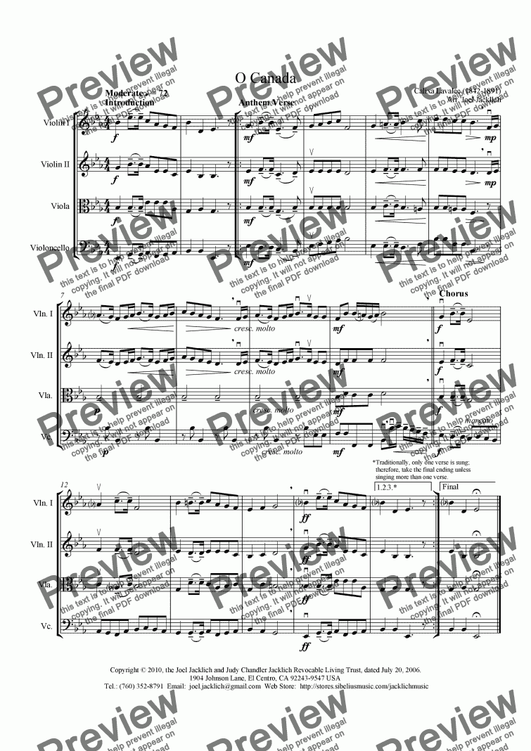 page one of O Canada (Eb) for String Quartet
