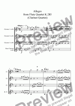 page one of Allegro from Mozart Flute Quartet K.285 (for 4 Clarinets)