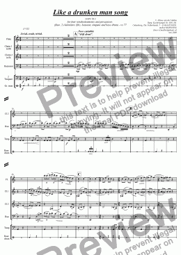 page one of Like a drunken man song, for flute, 2 clarin, in Bb, bassoon and percussion