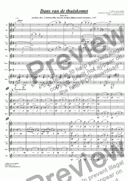 page one of "Dans van de thuiskomst" (ballet) for flute, oboe, 2 clarinets in Bb, bassoon, trumpet, piano, percussion