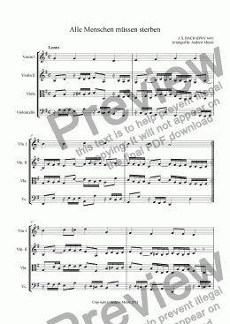 page one of ’Alle menschen mussen sterben’ (BWV 643) arranged for String Quartet