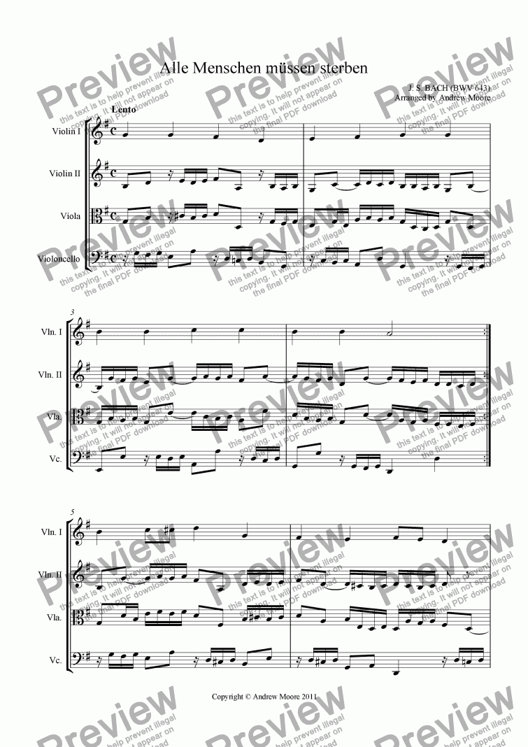 page one of ’Alle menschen mussen sterben’ (BWV 643) arranged for String Quartet