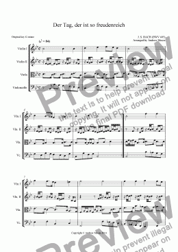 page one of ’Der Tag, der ist so freudenreich’ (BWV 605) arranged for string quartet