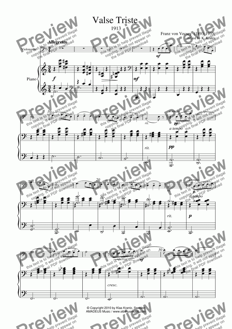 page one of Valse Triste for violoncello and guitar