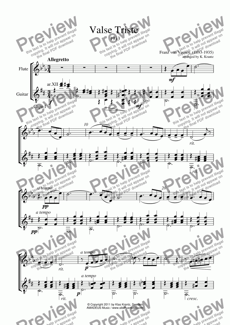 page one of Valse Triste for flute and guitar