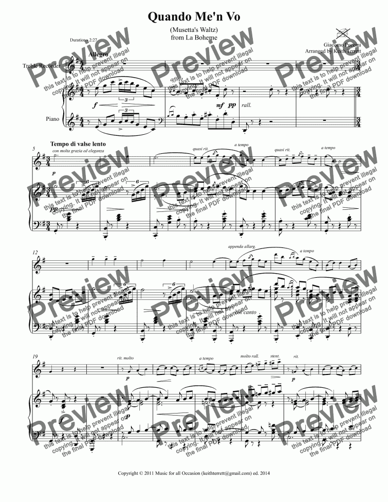 page one of Quo Me’n Vo for Treble Recorder & Piano
