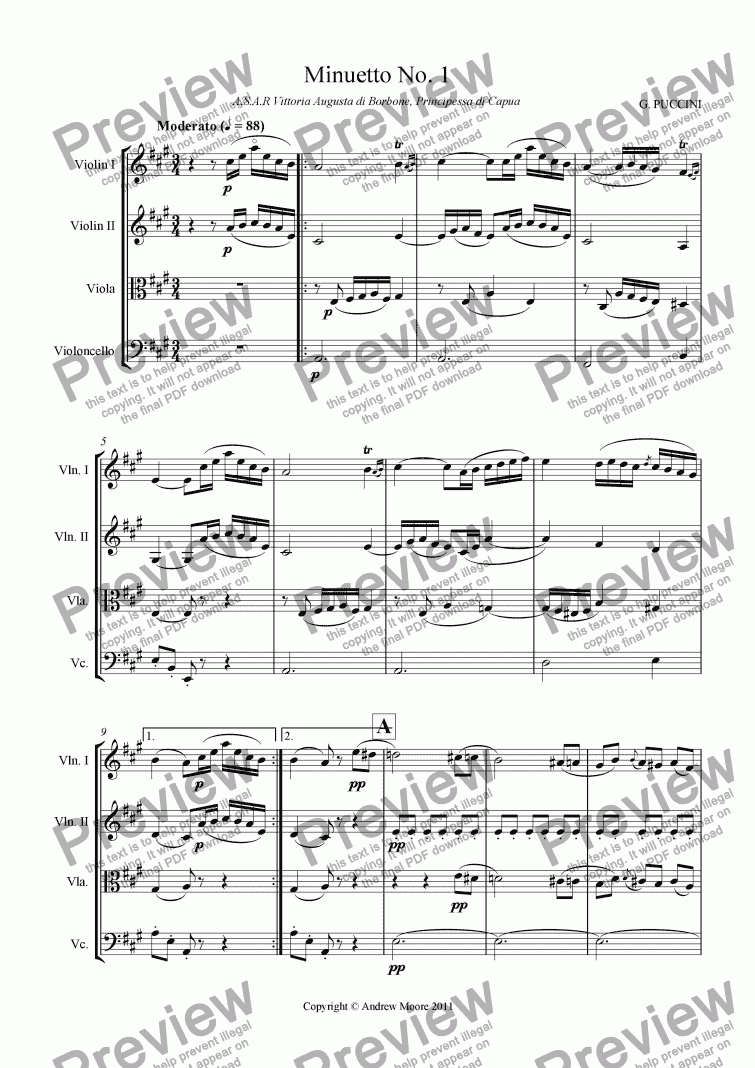 page one of Minuetto No. 1 for String Quartet