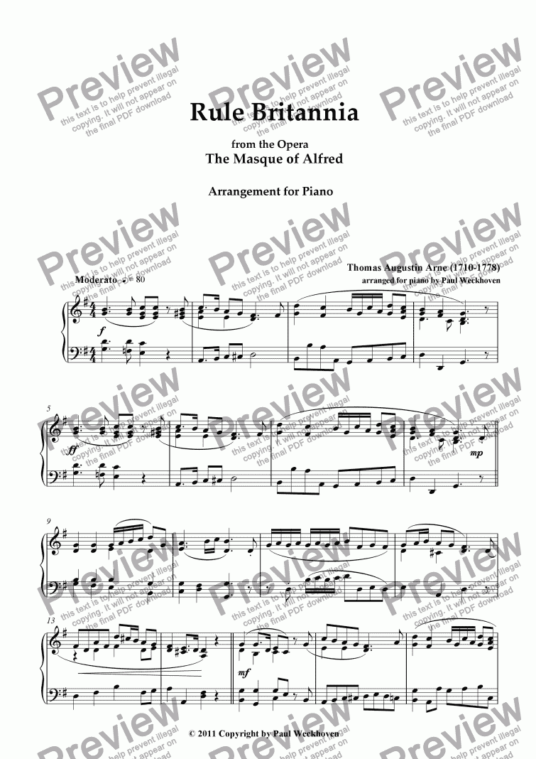 page one of Rule Britannia from the Opera "The Masque of Alfred" (Arne)