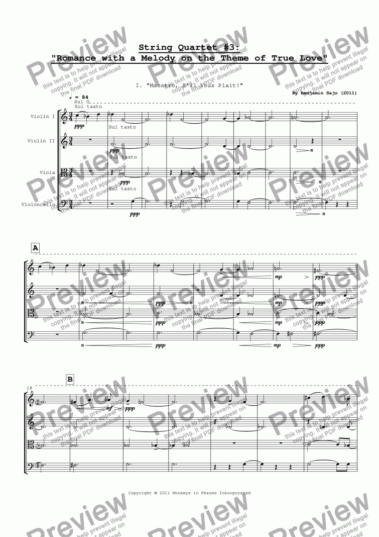 page one of String Quartet #3: "Romance With A Melody on the Theme of True Love"