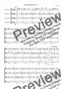 page one of Satie Gnossienne No. 1 for Cello Quartet