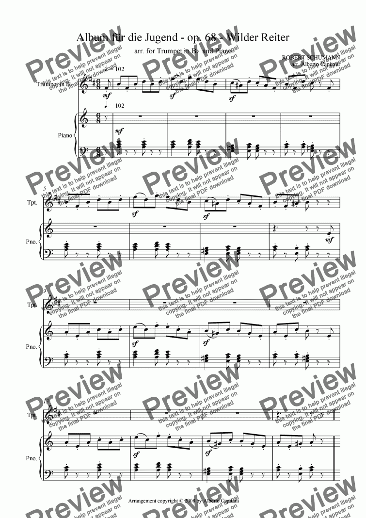 page one of Album für die Jugend - op. 68 - Wilder Reiter - arr. for Trumpet in Bb and Piano