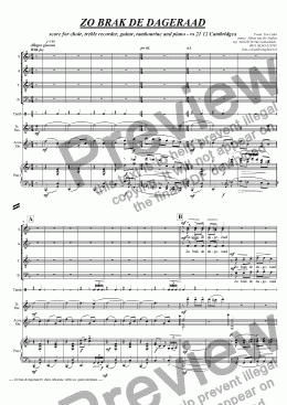 page one of "Zo brak de dageraad der vrijheid aan" version for choir, treble recorder, guitar, tambourine and piano