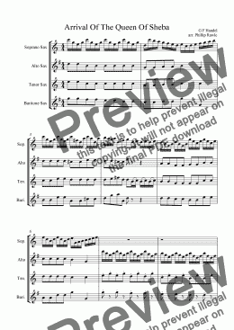 page one of Arrival Of The Queen Of Sheba - Sax Quartet