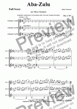 page one of Aba Zulu (for three Bb Clarinets)