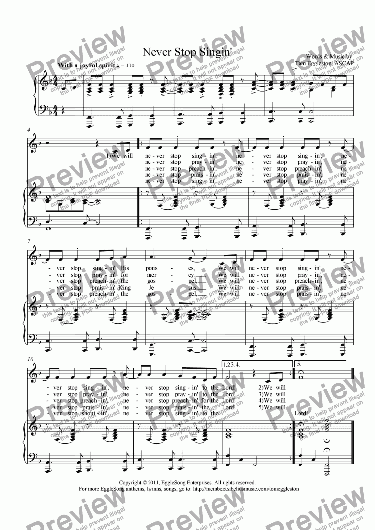 page one of Never Stop Singin’ (Cong. sheet)