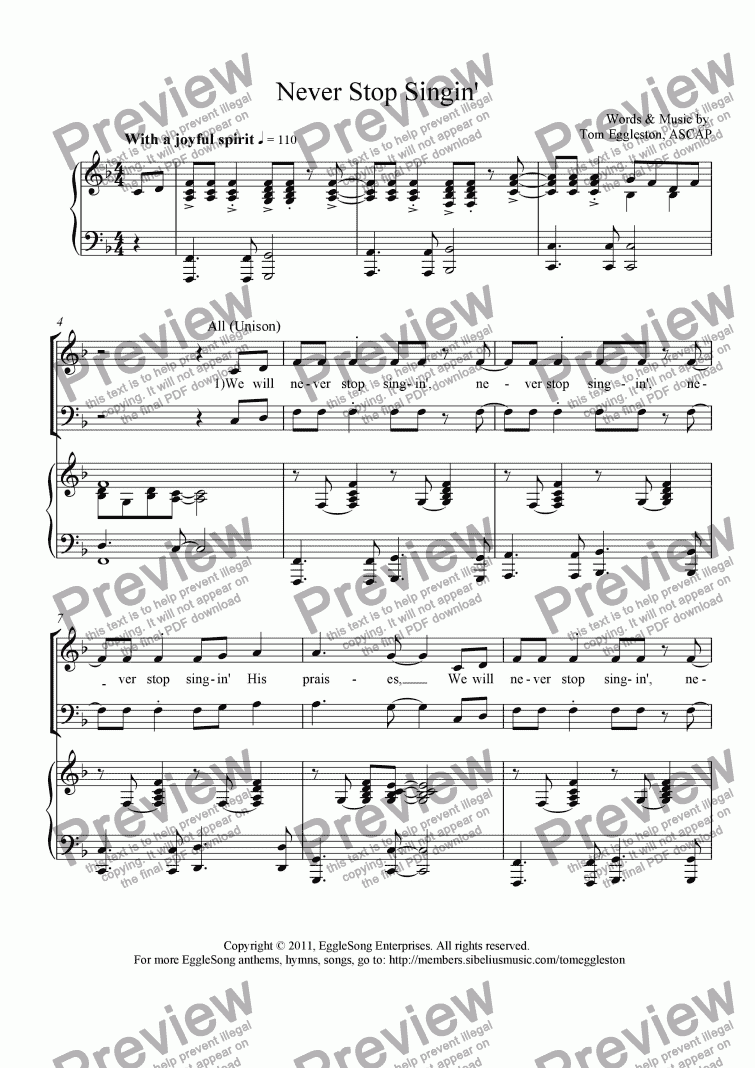 page one of Never Stop Singin’ (Chorus, Choir Arr.)