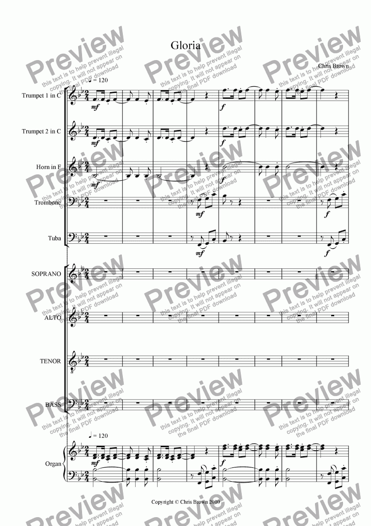 page one of Gloria for choir, brass quintet and organ