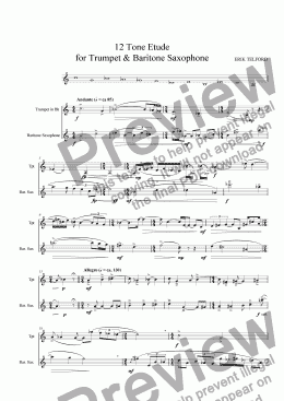 page one of 12 Tone Etude, for Trumpet and Baritone Saxophone