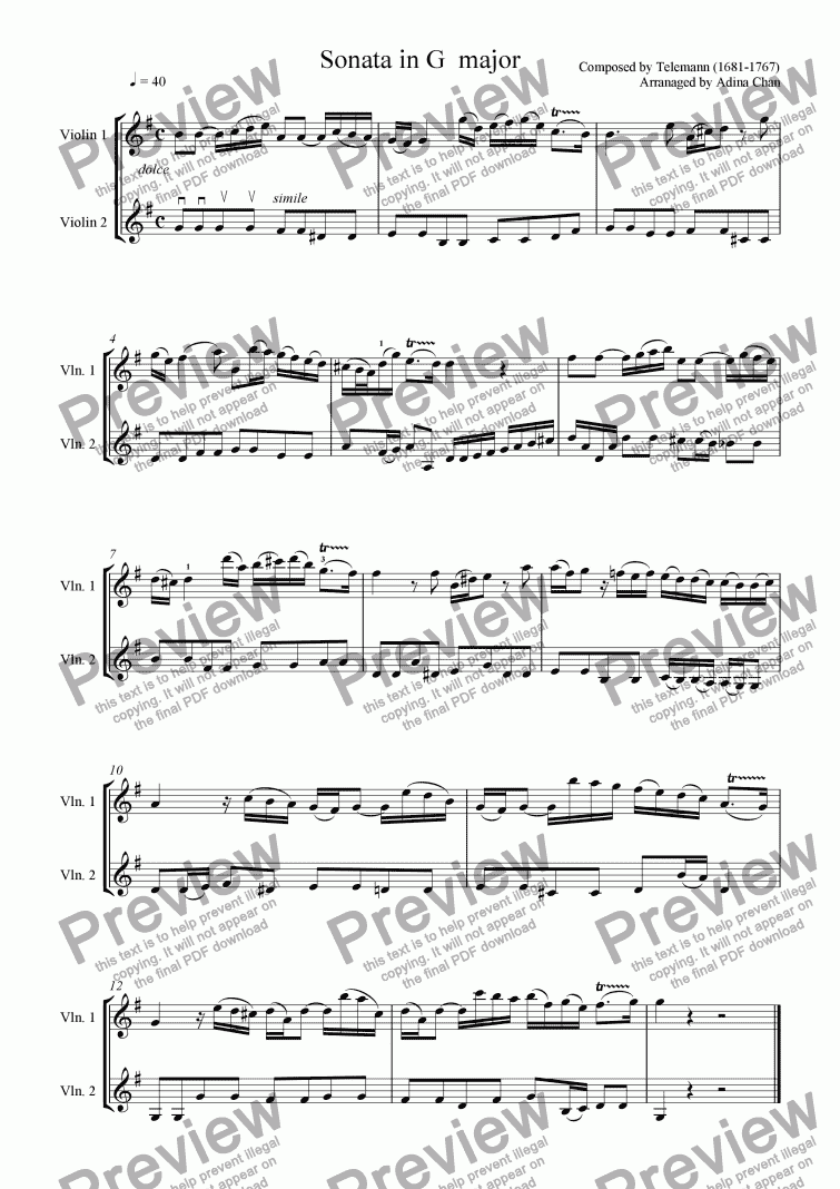 page one of Sonata in G for 2 Violins
