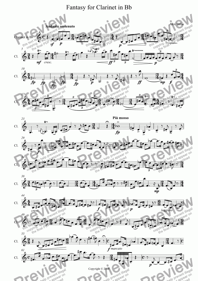 page one of Fantasy for Clarinet in Bb
