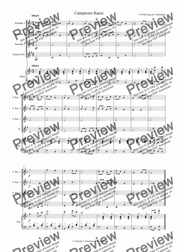 page one of Camptown Races for recorder ensemble