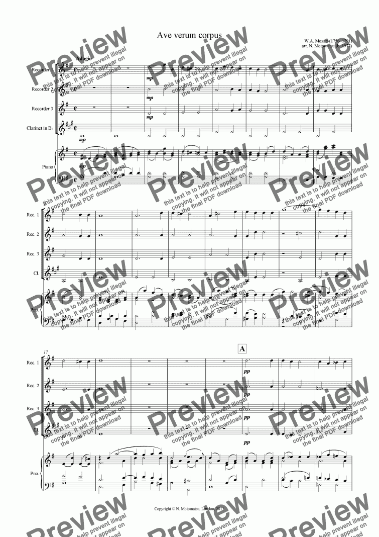 page one of Ave verum corpus for recorder ensemble