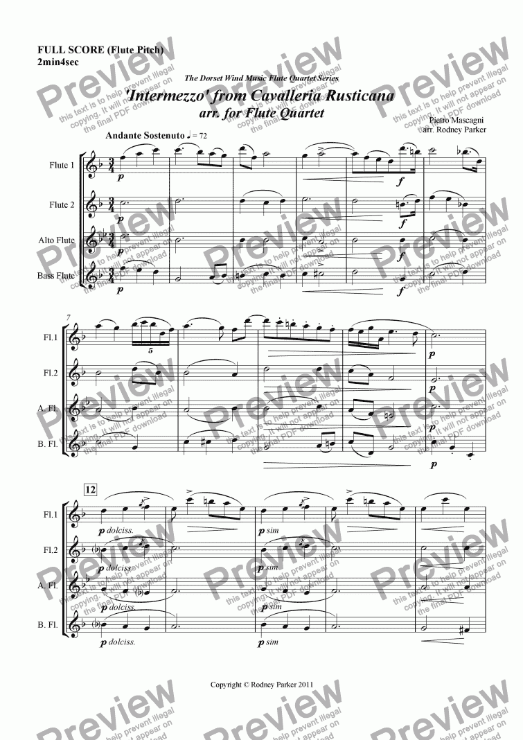 page one of 'Intermezzo' from Cavalleria Rusticana arr. for Flute Quartet