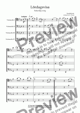 page one of Lordagsvisa / saturday Song for cello quartet