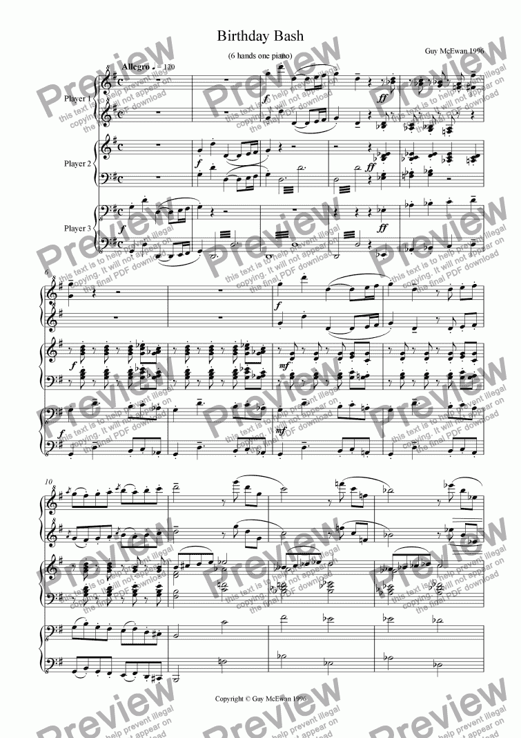 page one of Birthday Bash for piano 6 hands