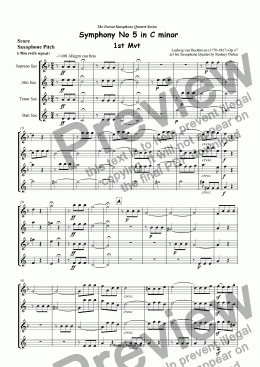 page one of Beethoven's 5th Symphony 1st Mvt arr for Saxophone Quartet