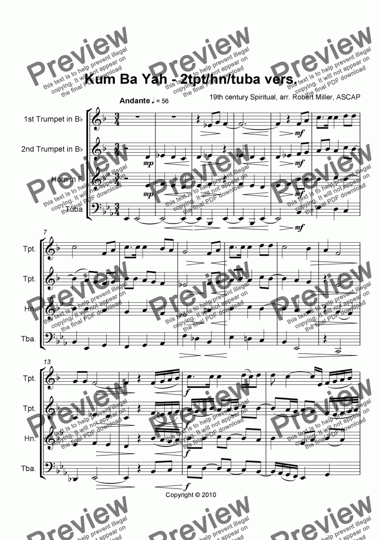 page one of Kum Ba Yah (2 trumpets, horn and tuba)