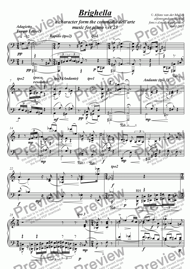page one of Brighella, prelude for piano solo