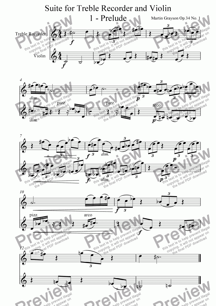 page one of Op. 34 No. 1 - Suite for Treble Recorder and Violin  