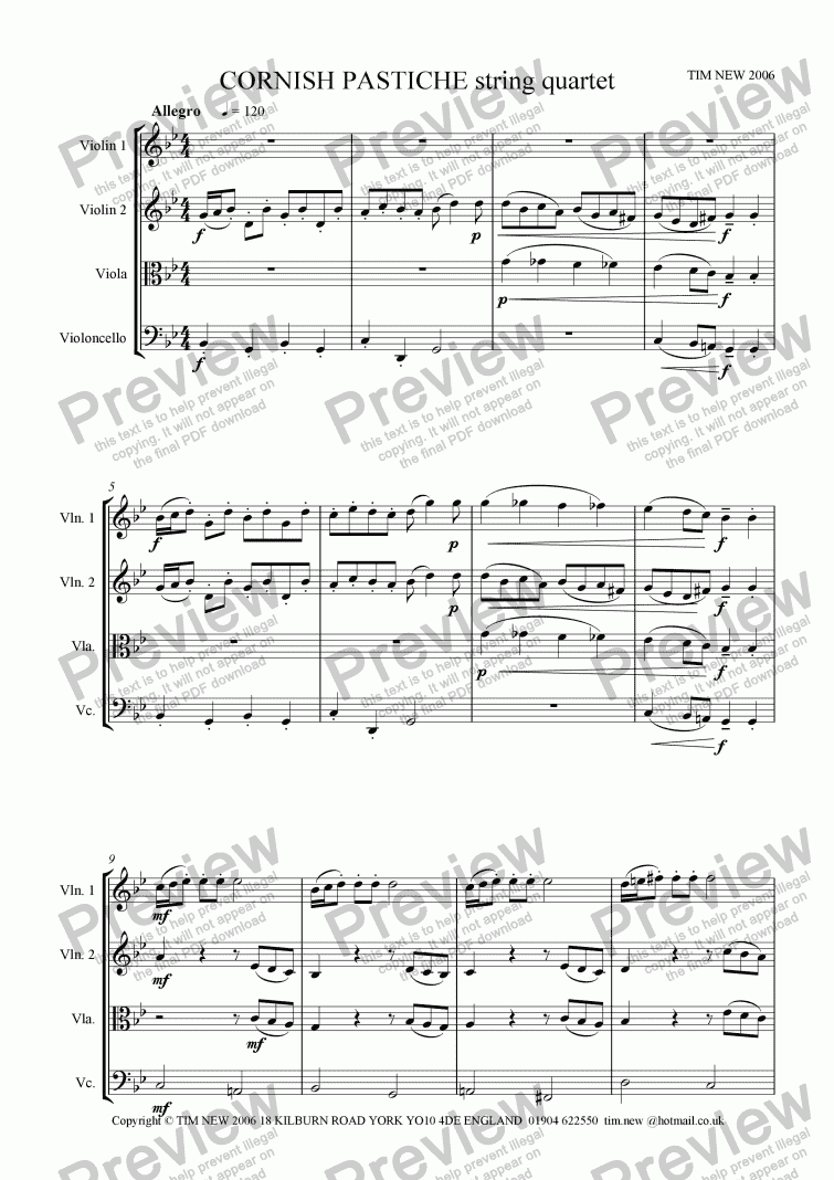 page one of CORNISH PASTICHE String Quartet